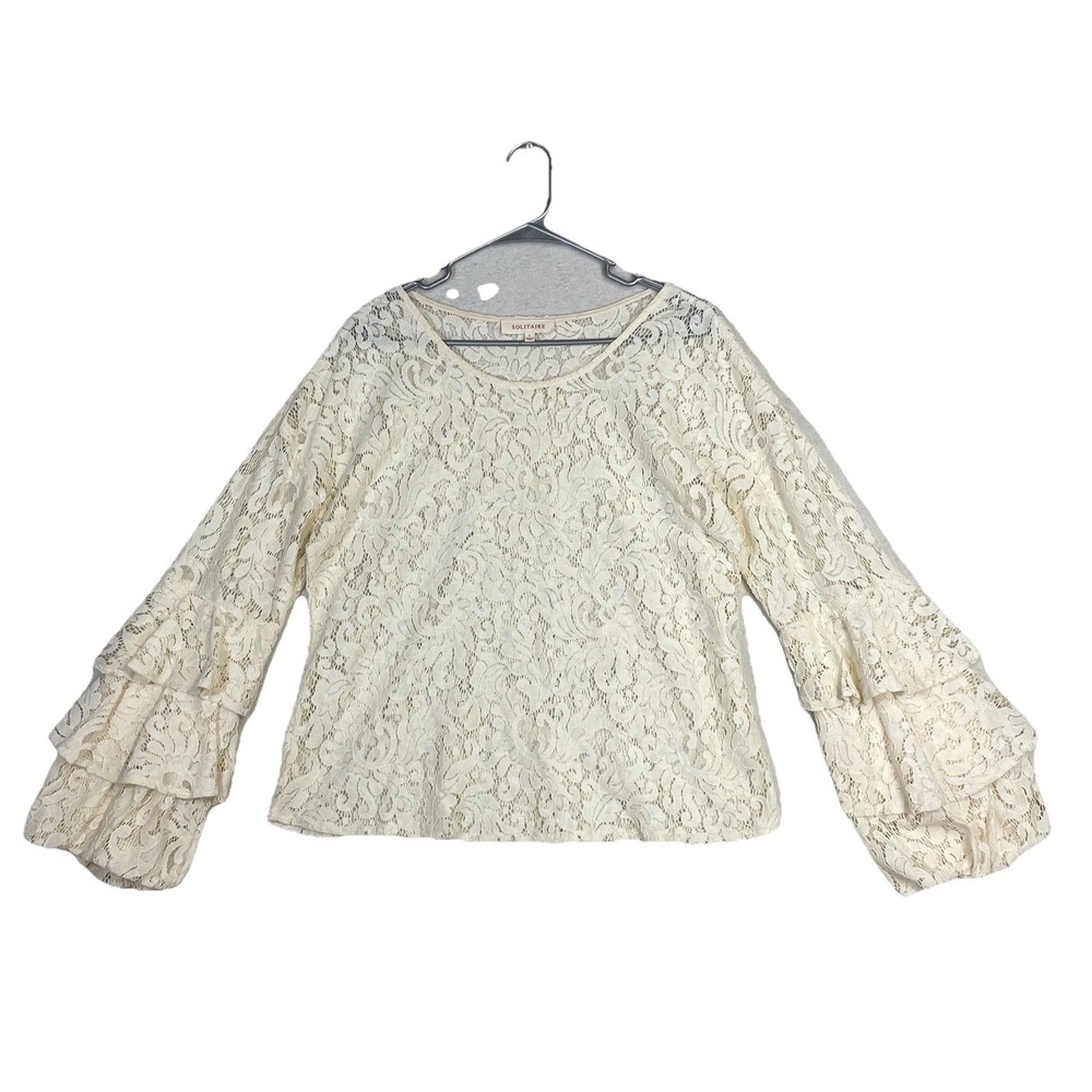 Anthropology Solitaire Lace Ruffle Bell Sleeve Blouse Top Large Lace Whimsical